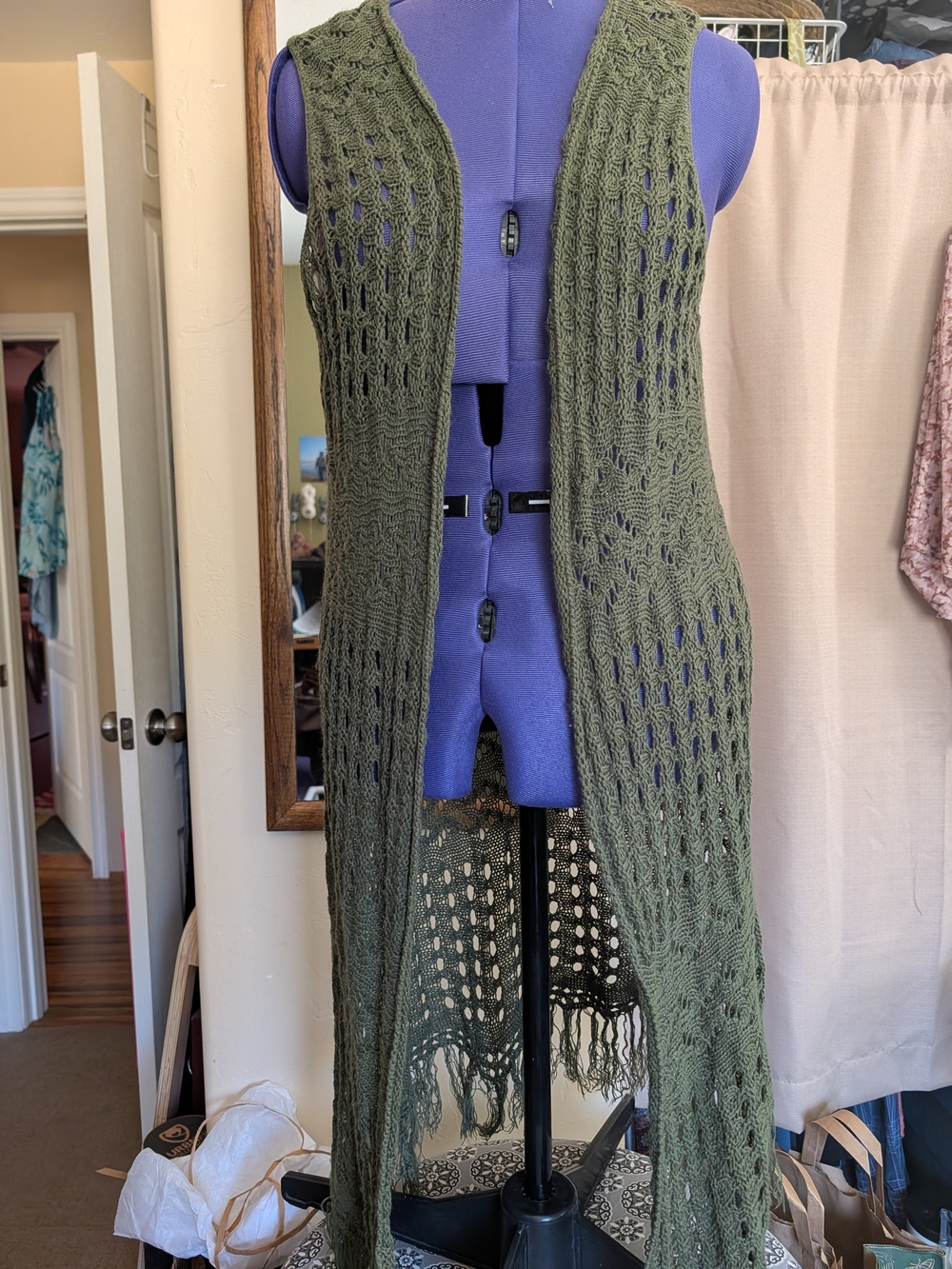 Faded Glory Olive Open-Knit Fringe Long Vest